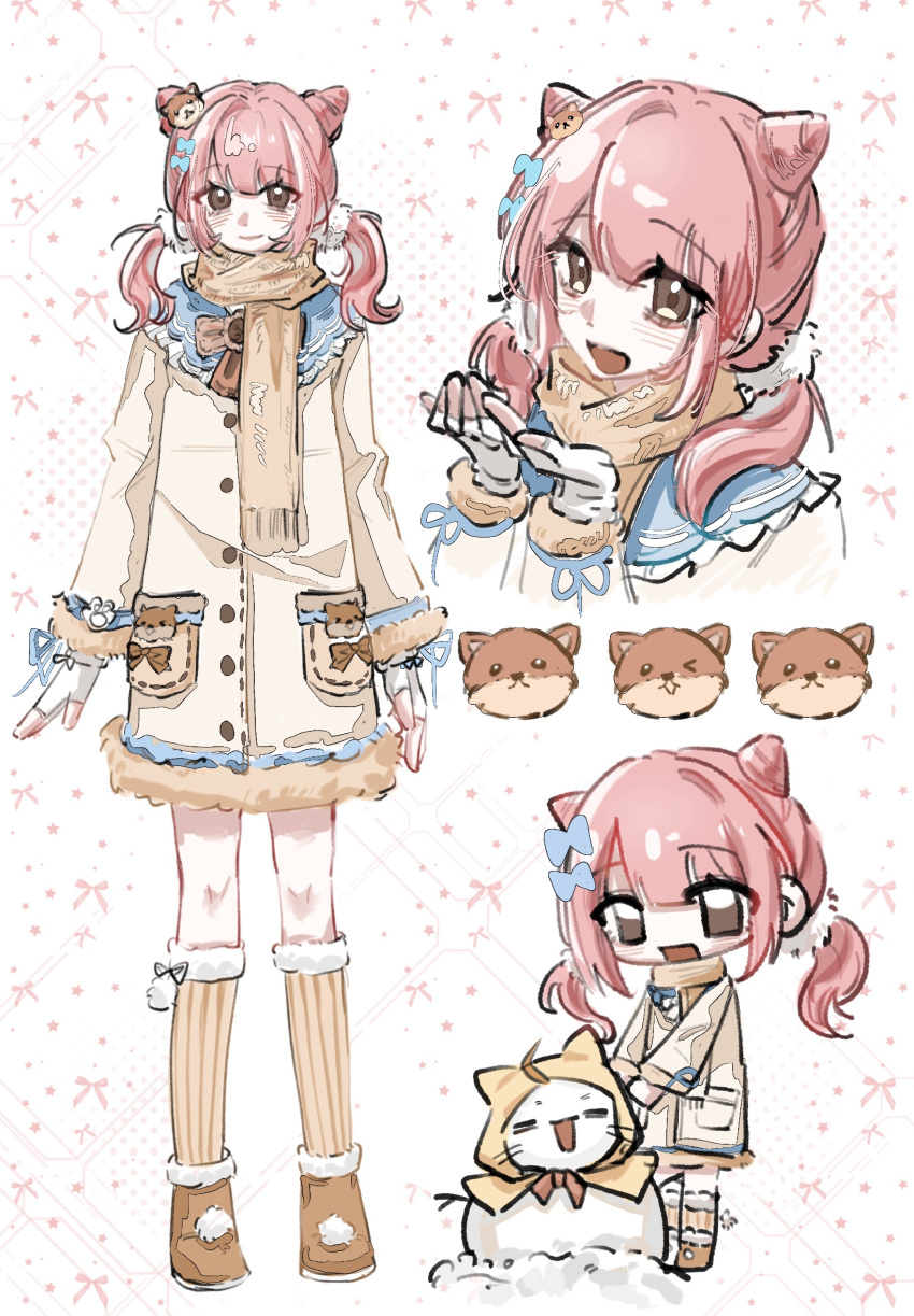 1girl, animal_print, argyle_background, awuwuwu, black_ribbon, blue_bow, blue_ribbon, boots