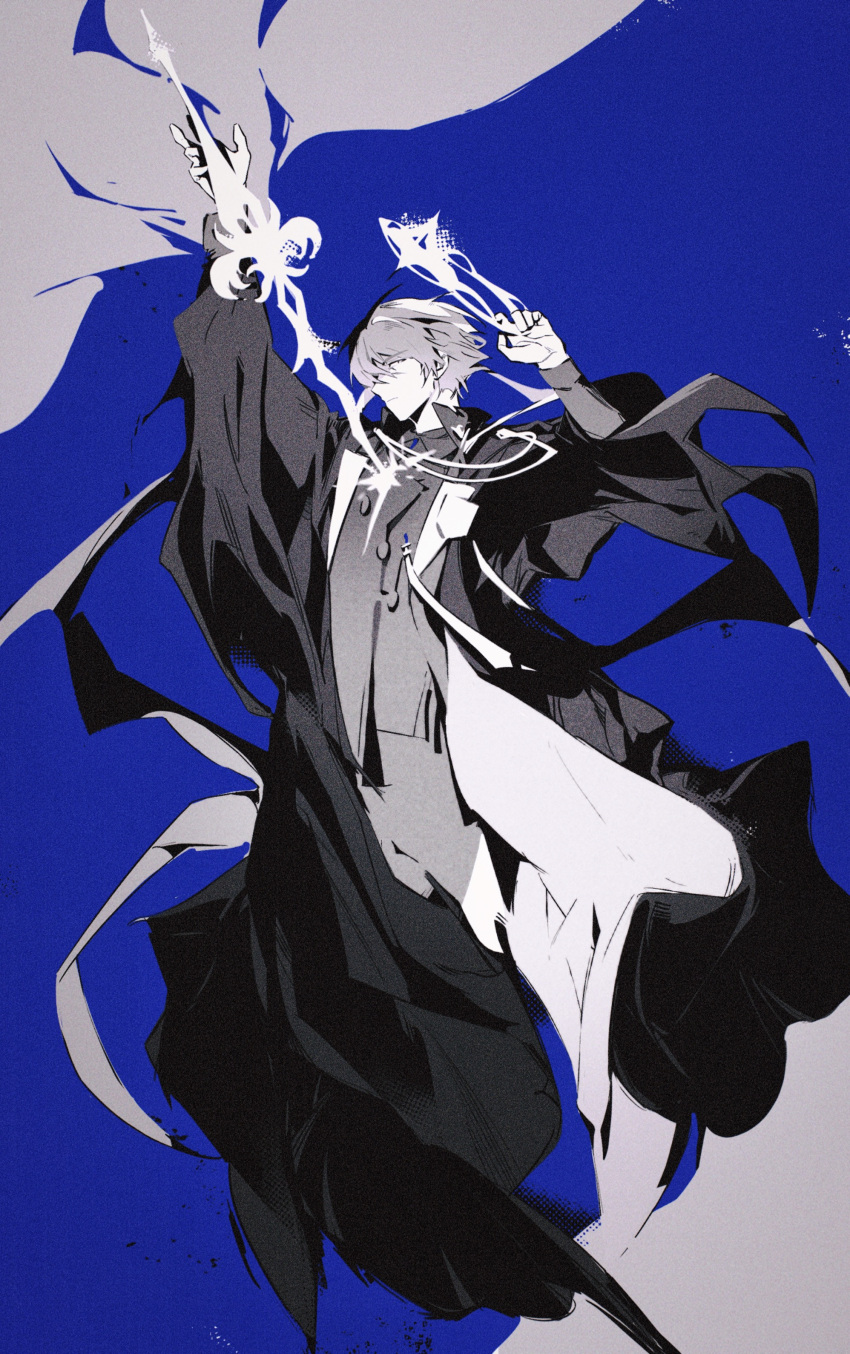 1boy, absurdres, andoain_(arknights), arknights, arm_up, blue_background, closed_mouth, coat