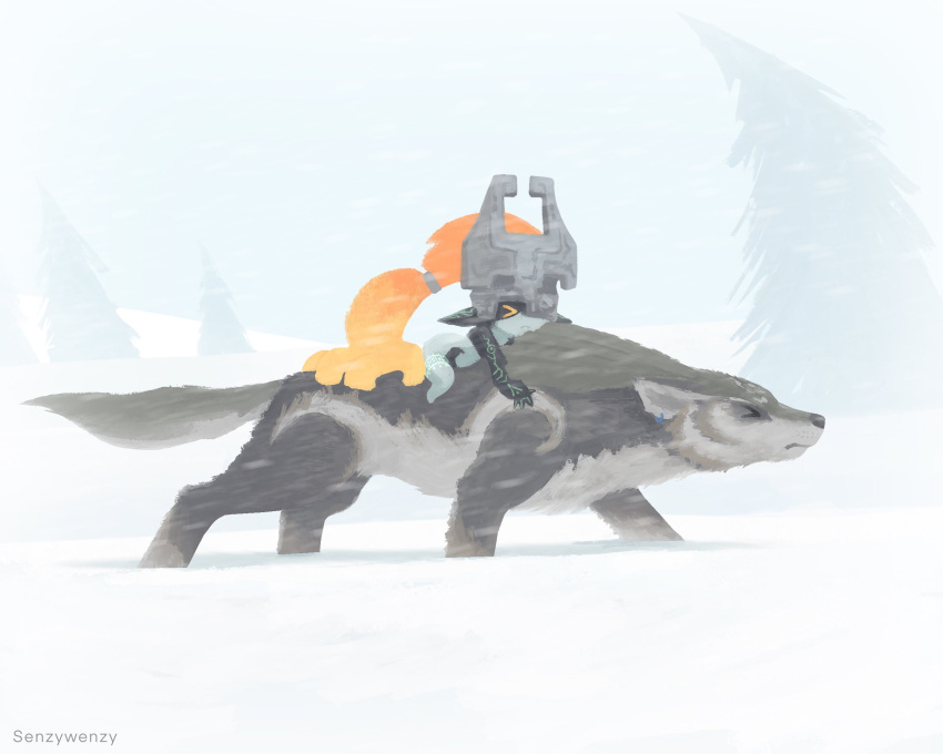>_<, 1girl, artist_name, black_skin, blue_skin, closed_eyes, closed_mouth, colored_skin, english_commentary, helmet, helmet_over_one_eye, highres, link, midna, multicolored_skin, orange_eyes, orange_hair, pointy_ears, riding, riding_animal, senzywenzy, the_legend_of_zelda, the_legend_of_zelda:_twilight_princess, tree, two-tone_skin, wind, wolf, wolf_link