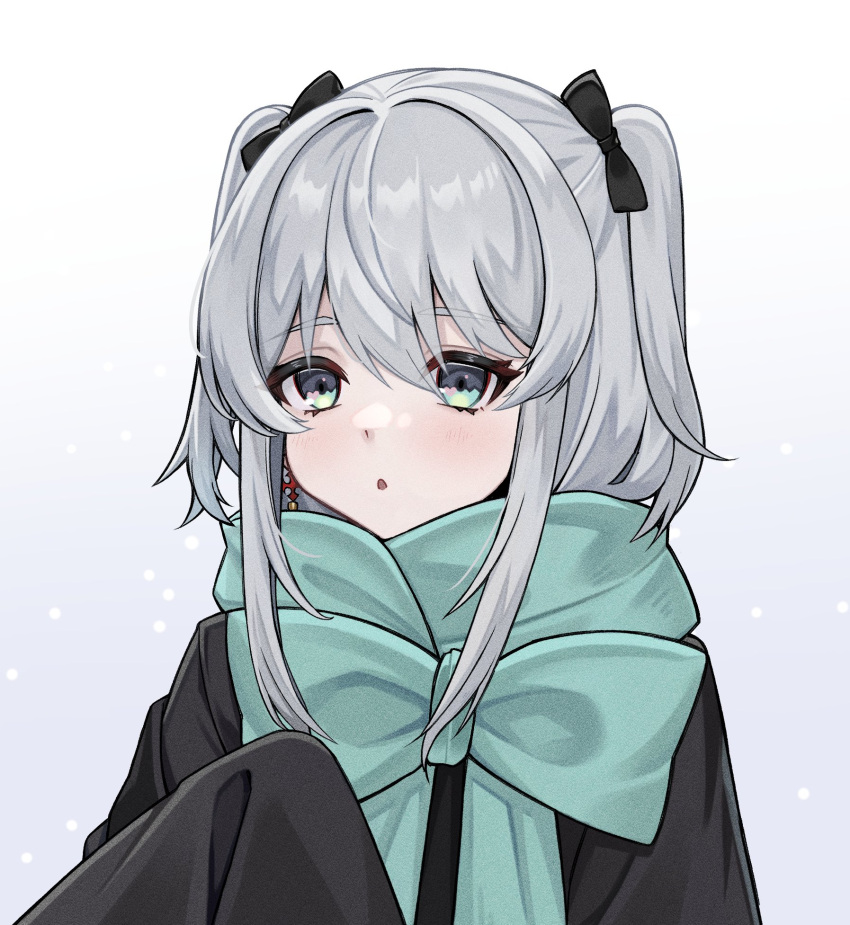 1girl, black_bow, black_jacket, blush, bow, commentary, earrings, green_eyes