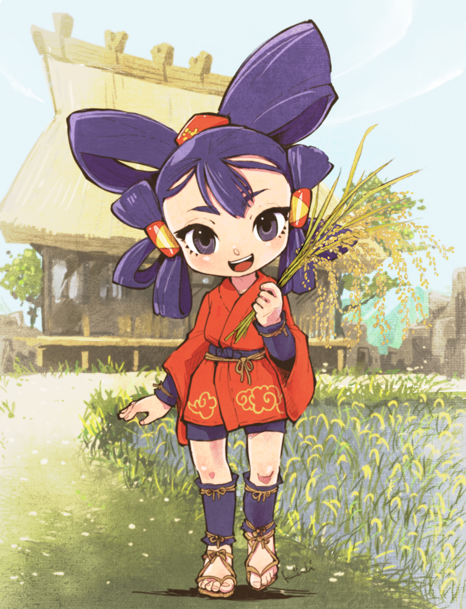 1girl, anklet, breasts, cloud_print, clouds, earrings, eyebrows_hidden_by_hair, eyelashes, farm, farmer, farming, farming_clothes, feet, full_body, grass, hair_ornament, hair_rings, hat_ornament, head_tilt, highres, holding, house, japanese_clothes, japanese_house, jewelry, kiichi, kimono, mini_person, minigirl, mizura, on_grass, pants, purple_hair, purple_pants, purple_sash, quad_hair_rings, red_kimono, rice, rice_(plant), rice_paddy, rice_planting, sakuna-hime, sandals, sash, small_breasts, smile, solo, spring_(season), string, tall_grass, tensui_no_sakuna-hime, violet_eyes, yukata