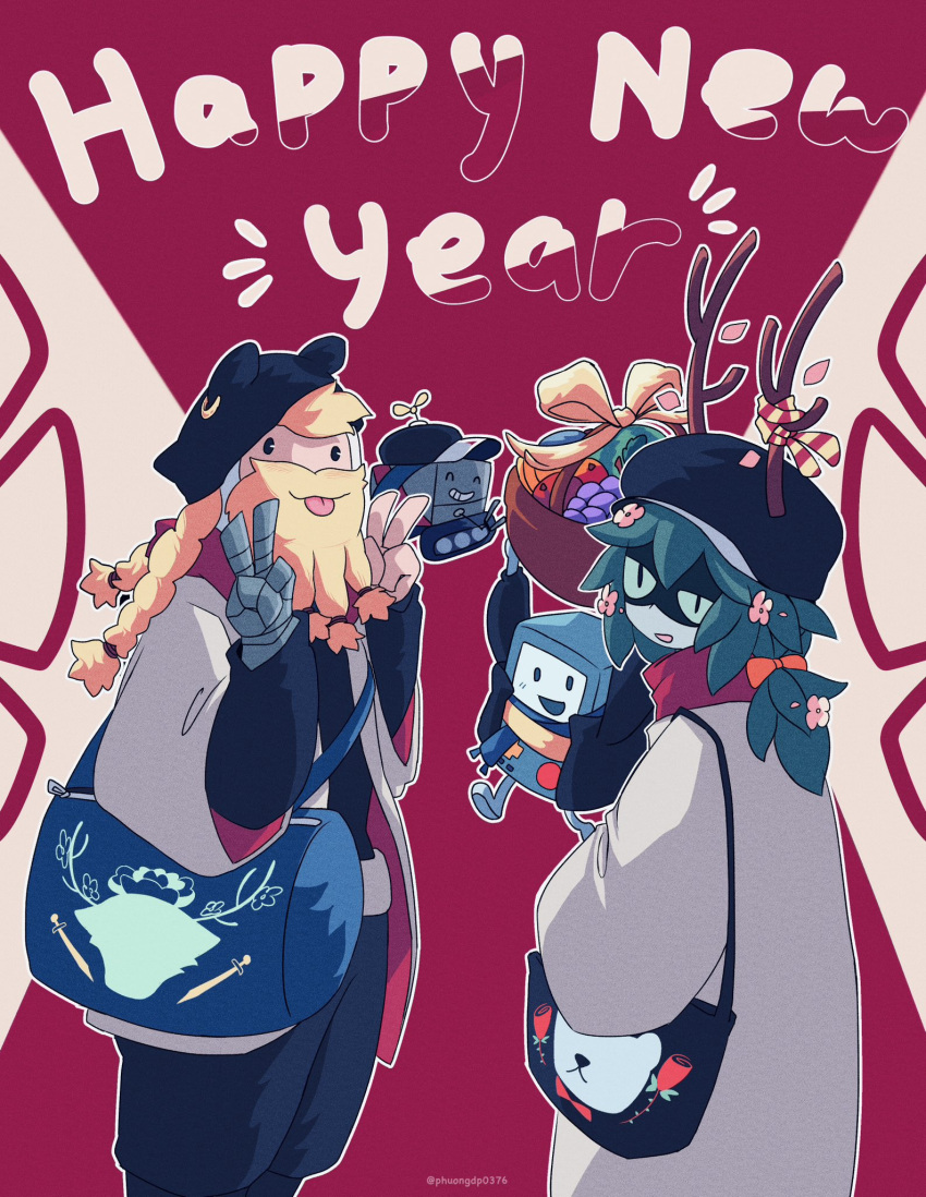:3, :d, adventure_time, adventure_time:_fionna_and_cake, animal_print, antlers, bear_print, beard, blonde_facial_hair, bmo, christmas, christmas_ornaments, colored_sclera, colored_skin, contemporary, deer_print, domino_mask, eye_mask, facial_hair, finn_the_human, flower, fruit_basket, green_sclera, green_skin, hair_branch, happy_new_year, hat, hat_with_ears, highres, horns, huntress_wizard, mask, mechanical_arms, neptr, oversized_clothes, phuongdp0376, plant_hair, red_flower, red_rose, rose, single_mechanical_arm, smile, tied_beard, tongue, tongue_out, v
