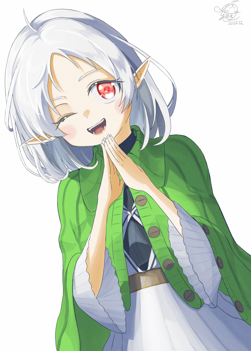 1girl, absurdres, ahoge, capelet, commentary, dated, dress, elf