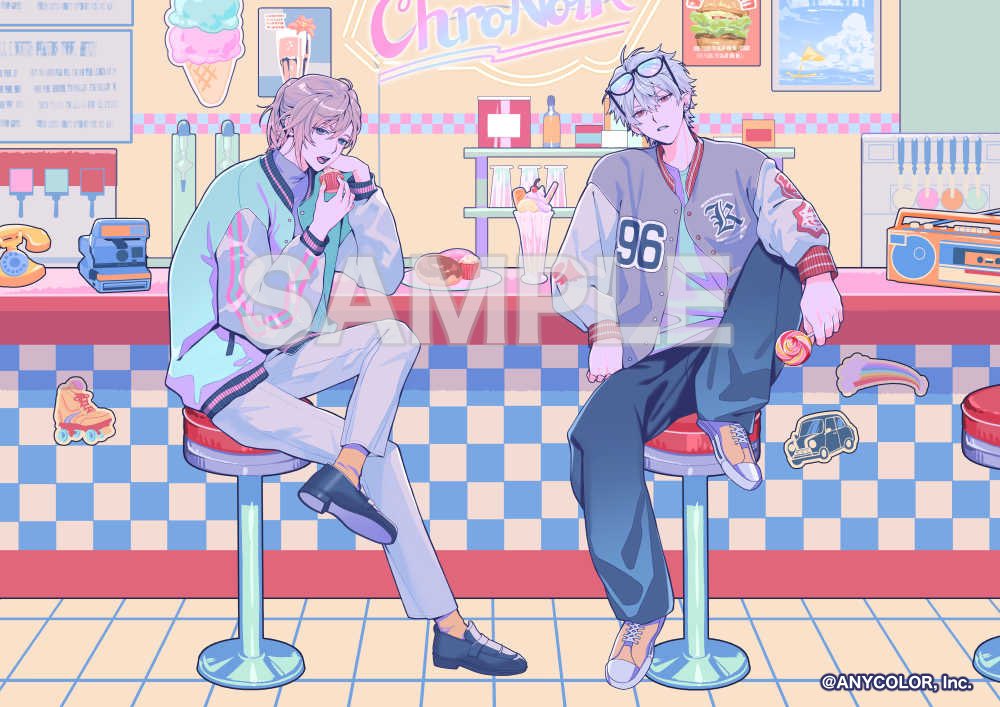 2boys, ahoge, antique_phone, aqua-tinted_eyewear, aqua_jacket, aqua_shirt, arm_on_knee, bar_stool