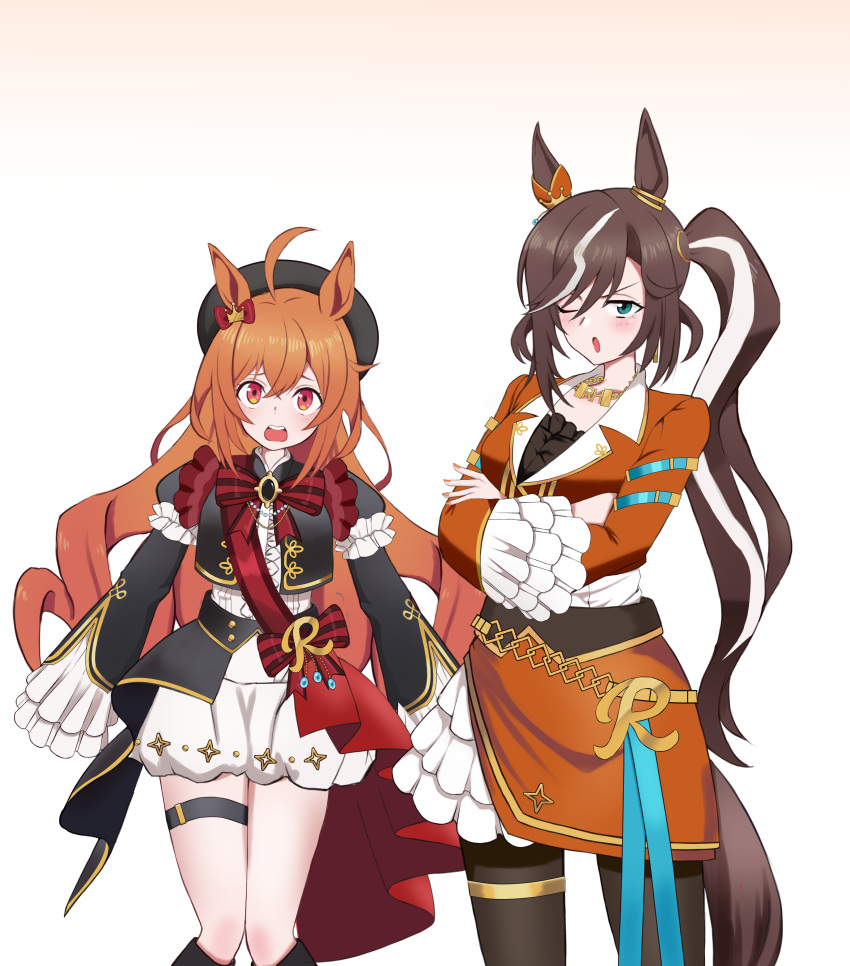 2girls, absurdres, ahoge, animal_ears, beret, blue_eyes, blush, boots