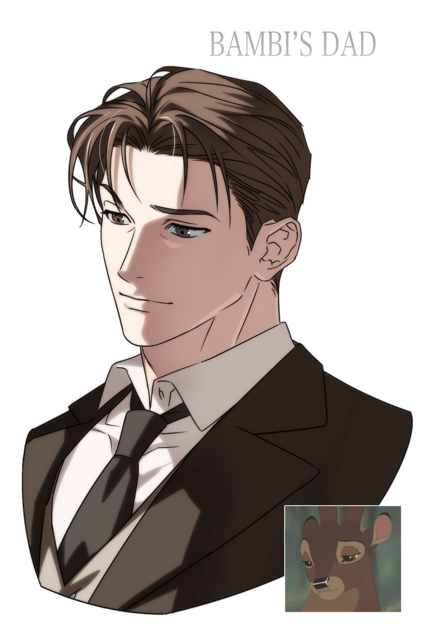 1boy, animification, bambi_(movie), black_necktie, brown_eyes, brown_hair, closed_mouth, collared_shirt
