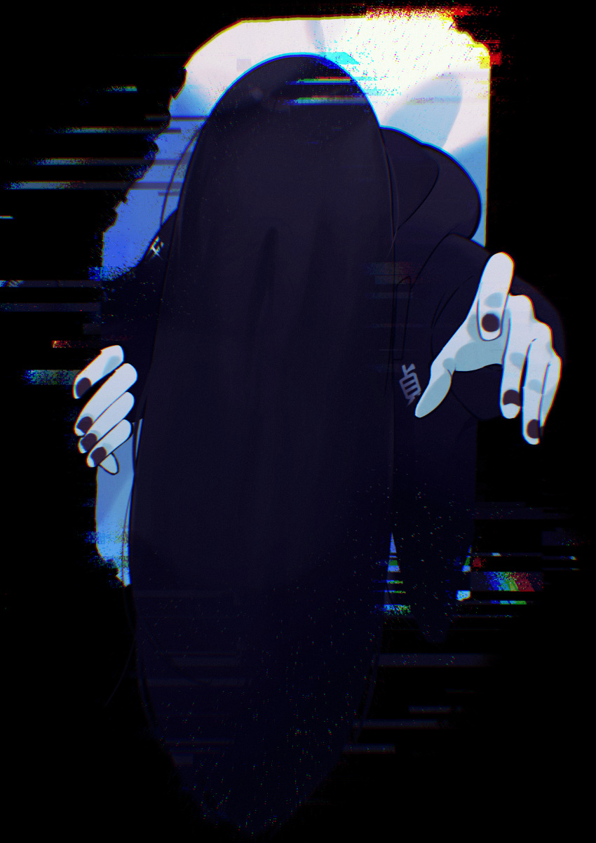 1girl, absurdres, black_hair, black_hoodie, black_nails, commentary_request, dead_by_daylight, glitch