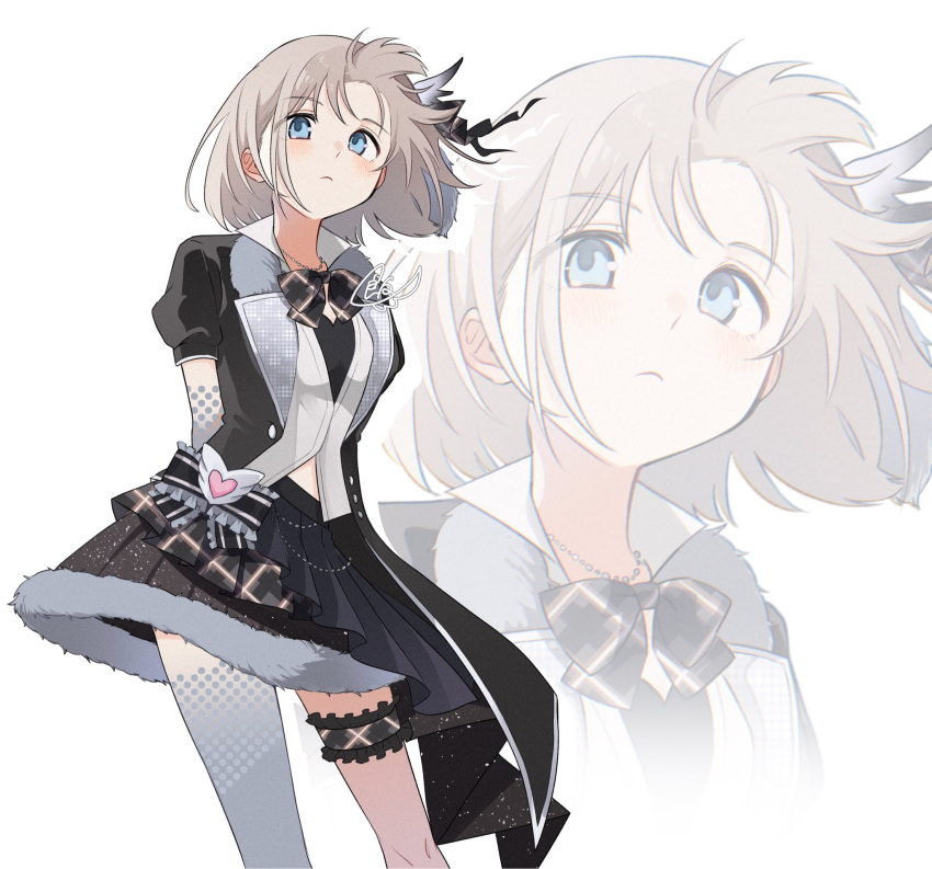 1girl, arms_behind_back, black_bow, black_bowtie, black_jacket, black_ribbon, black_skirt, blue_eyes