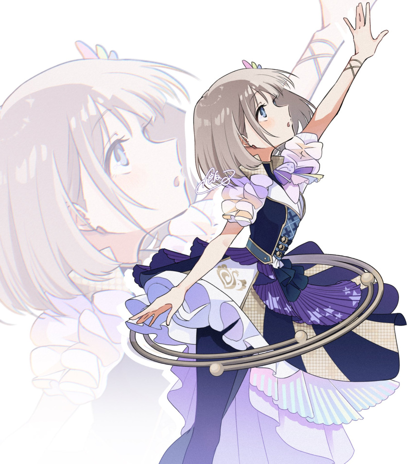 1girl, arm_up, black_dress, black_pantyhose, blue_eyes, blush, bracelet, commentary