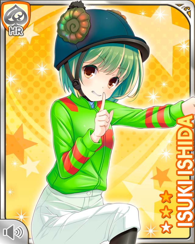 1girl, ammonite_hair_ornament, brown_eyes, card_(medium), character_name, finger_to_mouth, girlfriend_(kari), green_hair