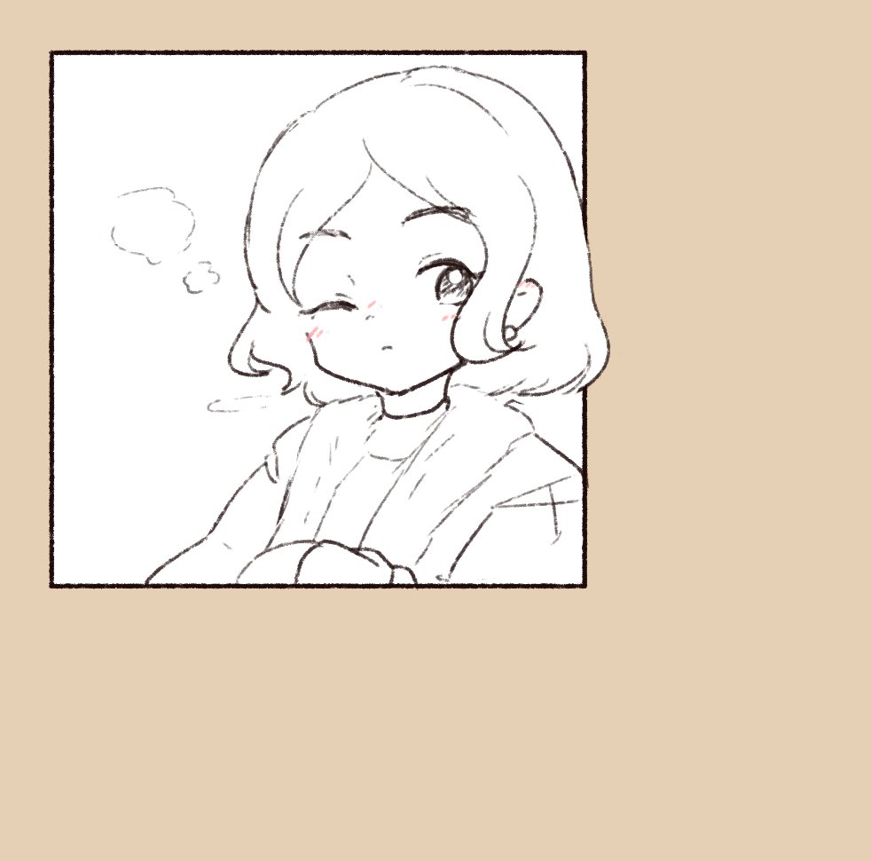 1girl, blush, breath, brown_background, closed_mouth, coat, cold, fur-trimmed_coat, fur_trim, greyscale_with_colored_background, inset_border, looking_at_viewer, mittens, olto_rondo, one_eye_closed, original, parted_bangs, short_hair, sketch, solo