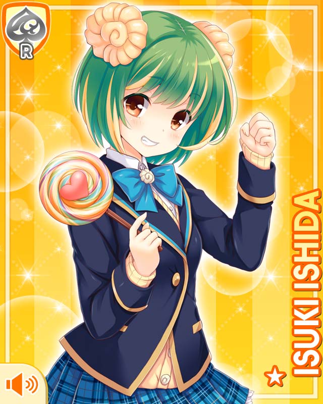 1girl, :d, ammonite_hair_ornament, blue_bow, blue_bowtie, blue_skirt, bow, bowtie