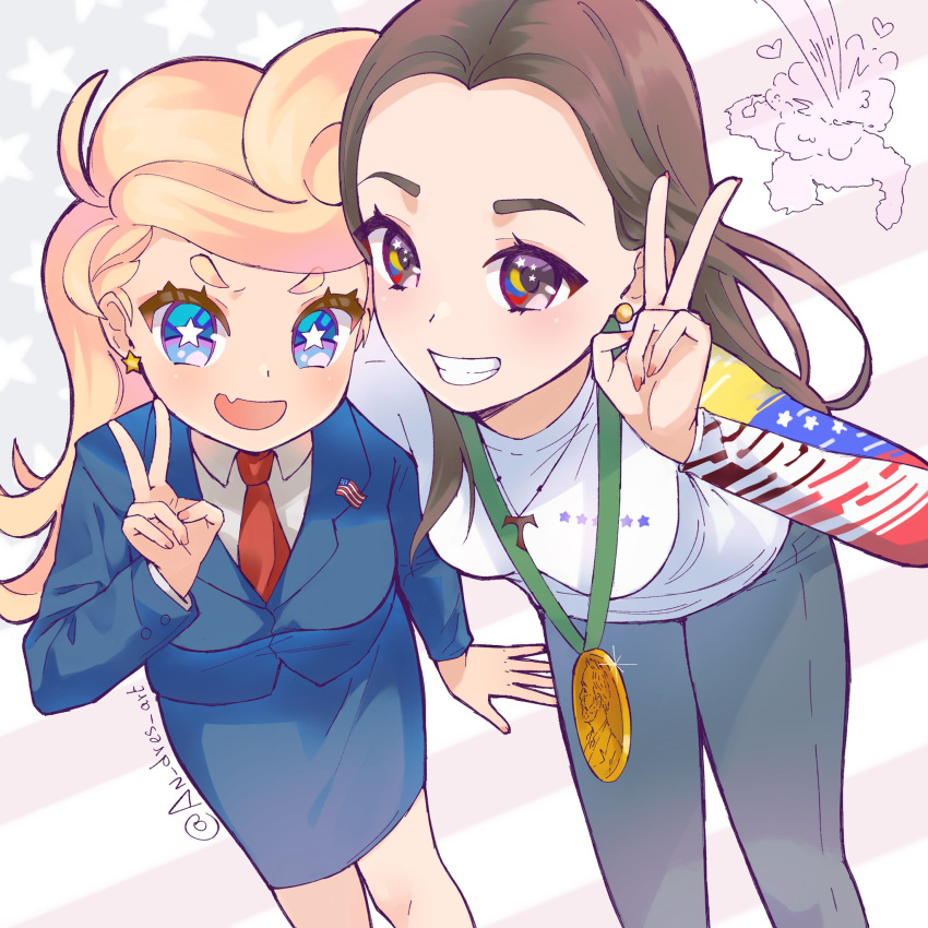 2girls, american_flag, an_dres_art, blonde_hair, blue_eyes, blue_suit, breasts, brown_hair, denim, donald_trump, earrings, fang, genderswap, genderswap_(mtf), grin, highres, jeans, jewelry, long_hair, maria_corina_machado, medal, medium_breasts, multiple_girls, necktie, original, pants, politician, red_necktie, shirt, skirt, skirt_suit, smile, star-shaped_pupils, star_(symbol), suit, symbol-shaped_pupils, v, venezuelan_flag, white_shirt