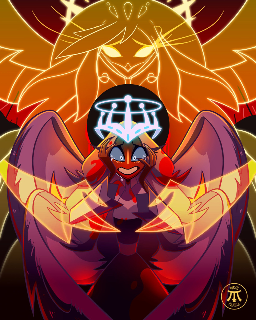 2girls, :d, angel, angel_wings, beak, bird_girl, blonde_hair, colored_sclera, cowboy_shot, crying, dark-skinned_female, dark_skin, furry, furry_female, glowing, glowing_eyes, grey_hair, grey_sclera, grin, halo, hands_up, hazbin_hotel, hellaverse, highres, long_hair, long_sleeves, misspanica1, multiple_girls, sera_(hazbin_hotel), smile, speaker_of_god_(hazbin_hotel), teeth, white_eyes, wings