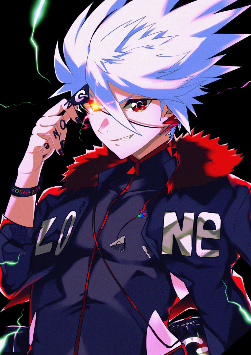 1boy, absurdres, black_jacket, bracelet, commentary_request, covered_pectorals, dive_to_zone, eyepatch