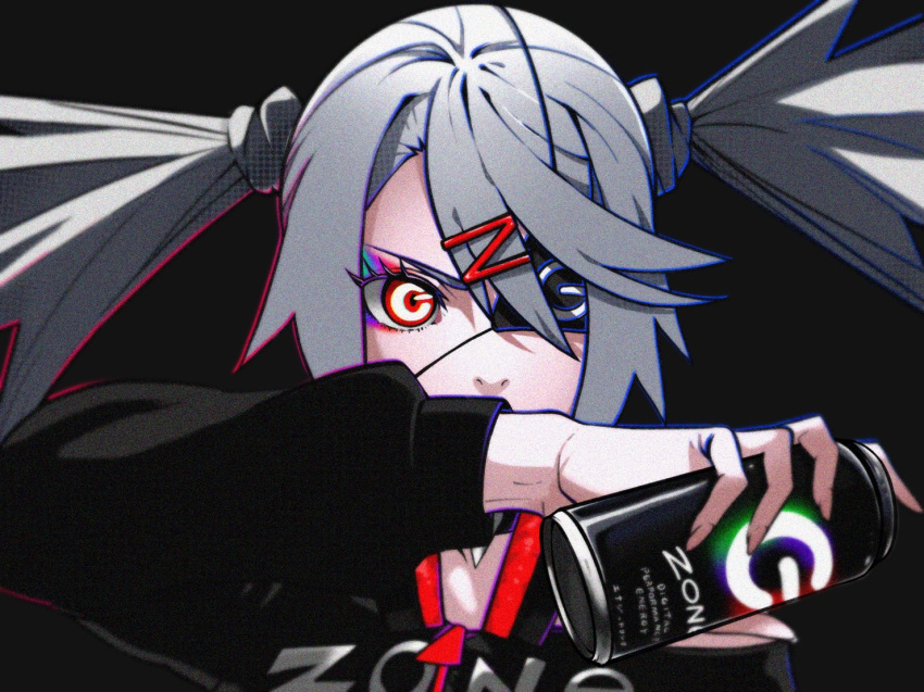 1girl, black_background, can, commentary_request, dive_to_zone, eyepatch, hair_between_eyes, hair_ornament