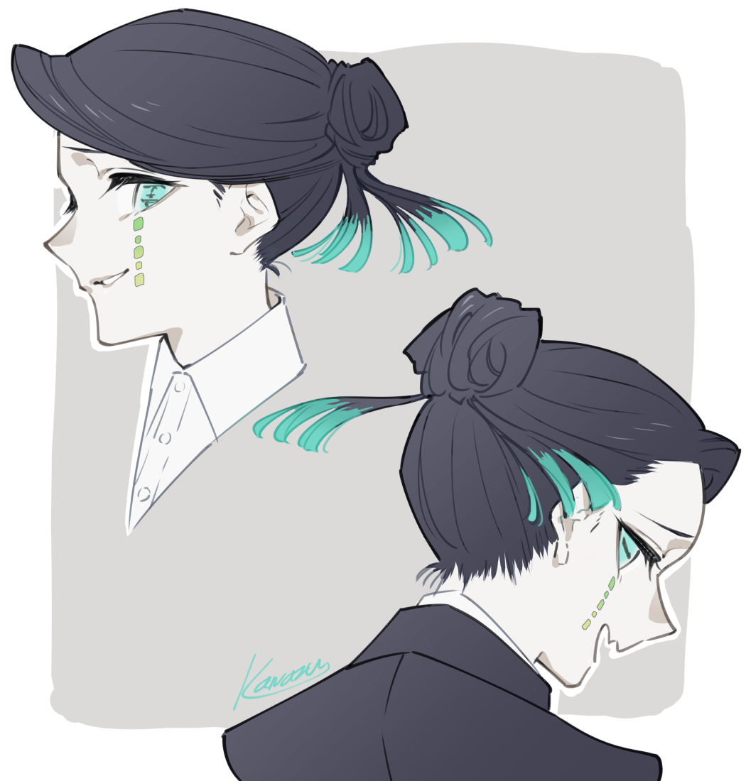 1boy, alternate_hairstyle, aqua_eyes, artist_name, black_hair, black_jacket, border, buttons