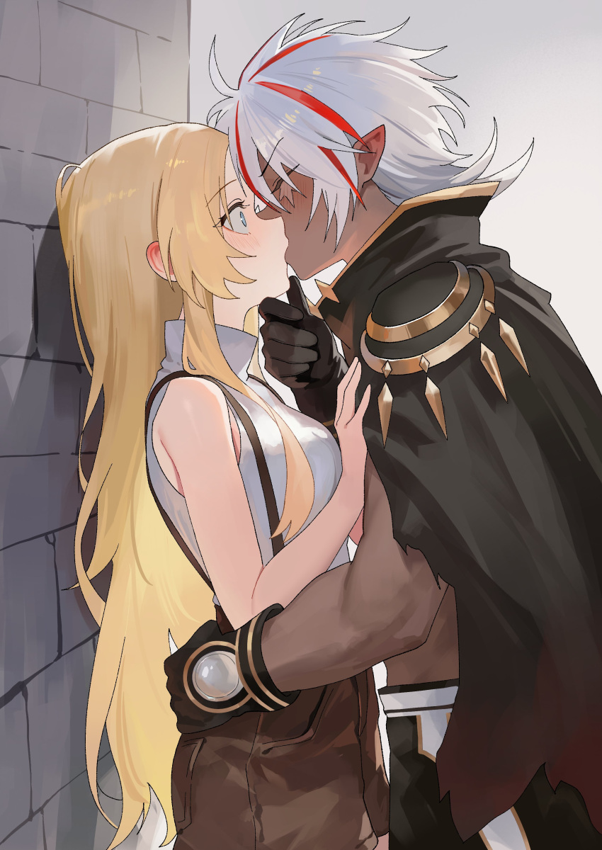 1boy, 1girl, absurdres, albaz_(yu-gi-oh!), bare_shoulders, black_cloak, blonde_hair, blush