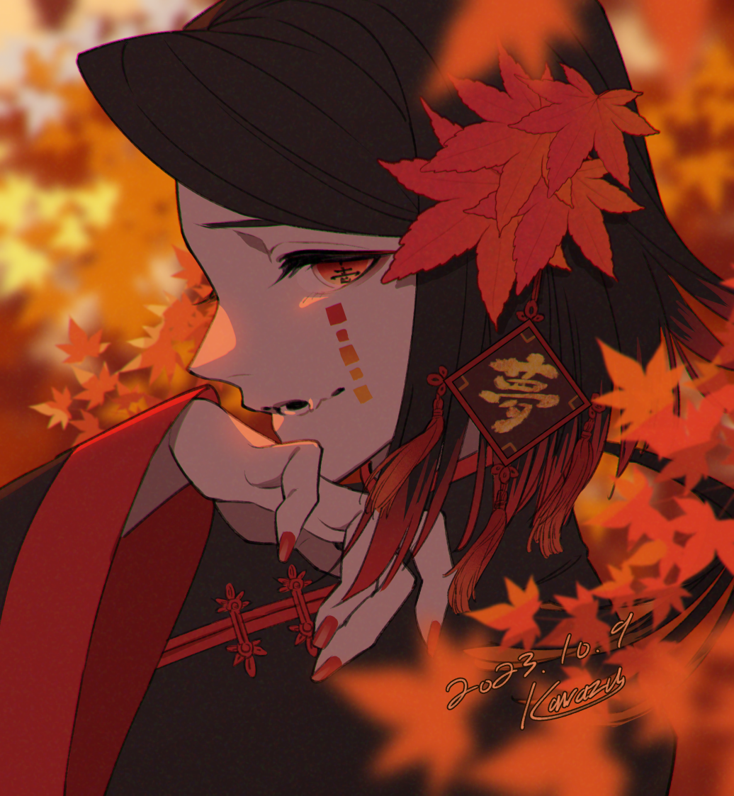 1boy, 2023, artist_name, autumn, autumn_leaves, black_hair, black_shirt, blurry, blurry_background, blurry_foreground, chinese_clothes, colored_tips, dated, demon_boy, enmu_(kimetsu_no_yaiba), eyelashes, facial_mark, fang, from_side, hair_ornament, hand_on_own_chin, hand_up, kawazu_(kwzuuun), kimetsu_no_yaiba, leaf, leaf_hair_ornament, long_sleeves, looking_at_viewer, male_focus, mandarin_collar, medium_hair, multicolored_hair, outdoors, parted_lips, portrait, profile, red_eyes, red_nails, red_trim, shirt, signature, skin_fang, smile, solo, tassel, tassel_hair_ornament, tears_facial_mark, trap, wide_sleeves