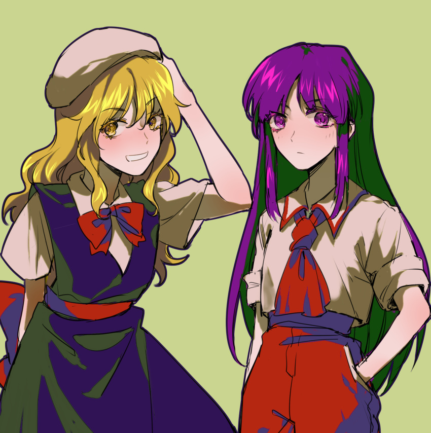 2girls, aihara-rina, alternate_costume, black_dress, blonde_hair, bow, bowtie, chinese_commentary, commentary_request, dress, hakurei_reimu, hakurei_reimu_(pc-98), hand_in_pocket, hand_on_headwear, hat, highres, kirisame_marisa, kirisame_marisa_(pc-98), long_hair, lotus_land_story, mob_cap, multiple_girls, necktie, no_hair_bow, no_hair_ornament, no_headwear, pants, pocket, purple_hair, red_bow, red_bowtie, red_pants, sash, shirt, short_sleeves, sidelocks, sleeves_rolled_up, touhou, touhou_(pc-98), white_hat, white_shirt