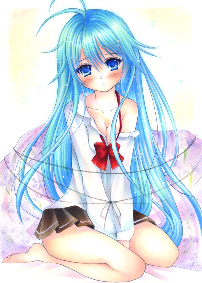 antenna_hair, blue_eyes, blue_hair, blush, breasts, cleavage, denpa_onna_to_seishun_otoko, feet, futon, kneeling, legs, marker_(medium), off_shoulder, pastel_(medium), school_uniform, shinonome86, solo, touwa_erio, traditional_media