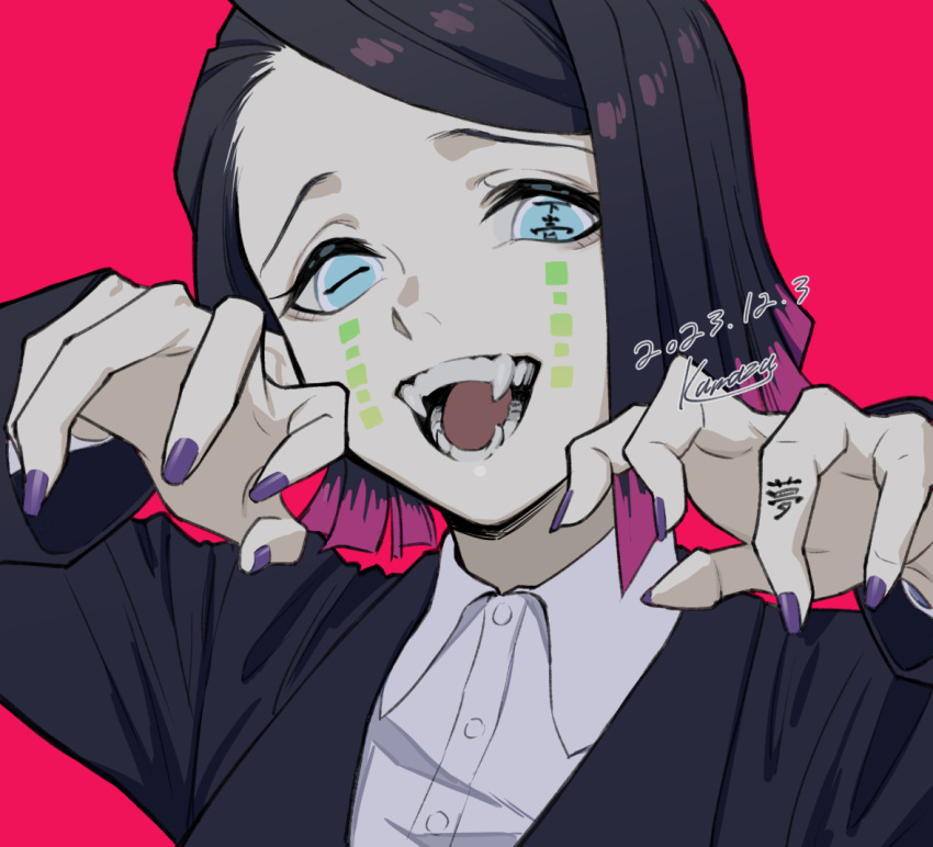 1boy, 2023, :d, artist_name, black_hair, black_jacket, blue_eyes, buttons, colored_tips, dated, demon_boy, enmu_(kimetsu_no_yaiba), facial_mark, fangs, finger_tattoo, hands_up, jacket, kawazu_(kwzuuun), kimetsu_no_yaiba, male_focus, multicolored_hair, open_mouth, portrait, purple_nails, raised_inner_eyebrows, red_background, saturated_background, signature, simple_background, smile, solo, symbol-shaped_pupils, tattoo, tears_facial_mark, trap, undershirt, wing_collar