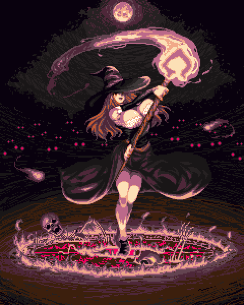 brown_eyes, brown_hair, cleavage, detached_sleeves, dragon's_crown, dress, full_moon, hat