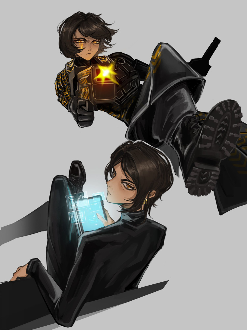1girl, black_gloves, black_jacket, black_pants, black_shoes, boots, brown_hair, combat_boots