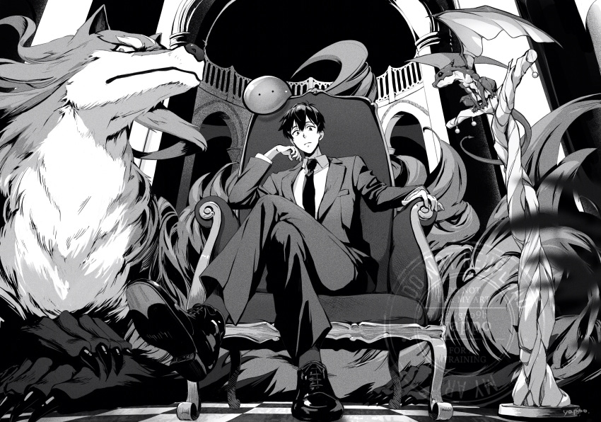 1boy, 3others, absurdres, ankle_boots, artist_name, boots, closed_mouth, collared_shirt