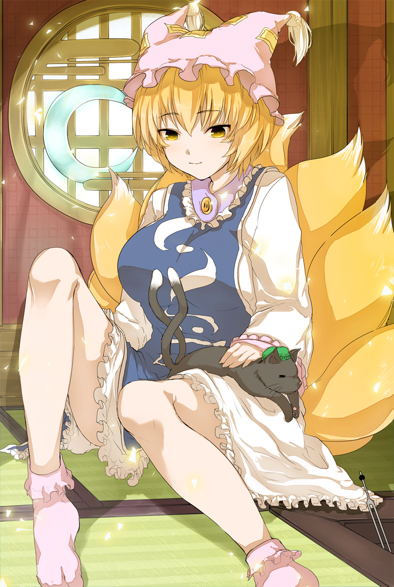 animal_ears, blonde_hair, bobby_socks, breasts, cat, chen, chen_(cat), crescent