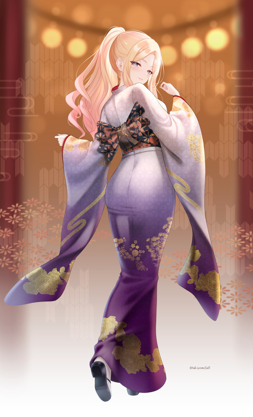 1girl, absurdres, akiyomi, alternate_costume, blonde_hair, blurry, blurry_background, commentary_request, from_behind, gakuen_idolmaster, highres, idolmaster, japanese_clothes, juo_sena, kimono, light_smile, long_hair, looking_at_viewer, looking_back, obi, ponytail, purple_kimono, sash, solo, twitter_username, very_long_hair, wide_sleeves, yukata