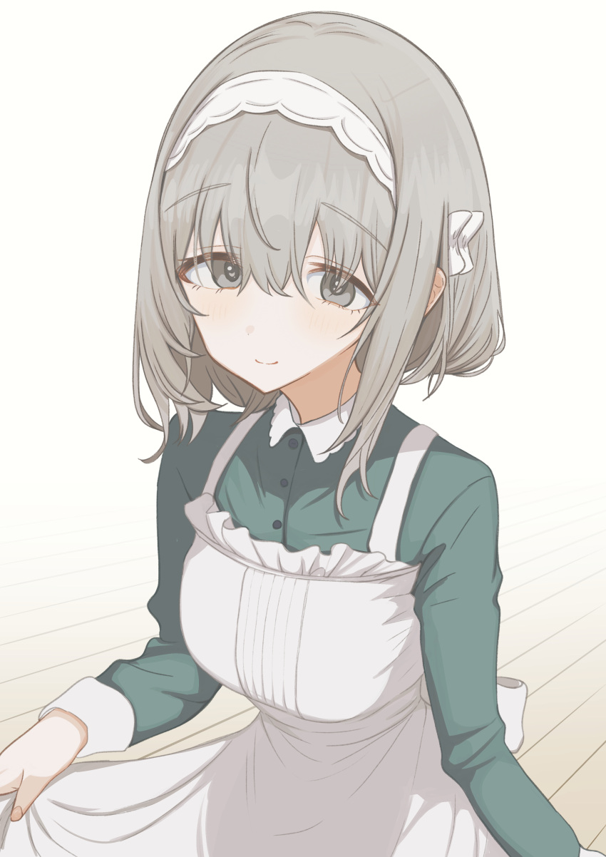 1girl, absurdres, apron, aqua_dress, blush, commentary_request, dress, gakuen_idolmaster