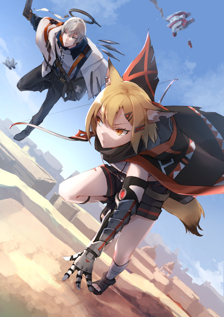 1boy, 1girl, absurdres, angel_boy, animal_ear_fluff, animal_ears, arknights, arrow_(projectile)