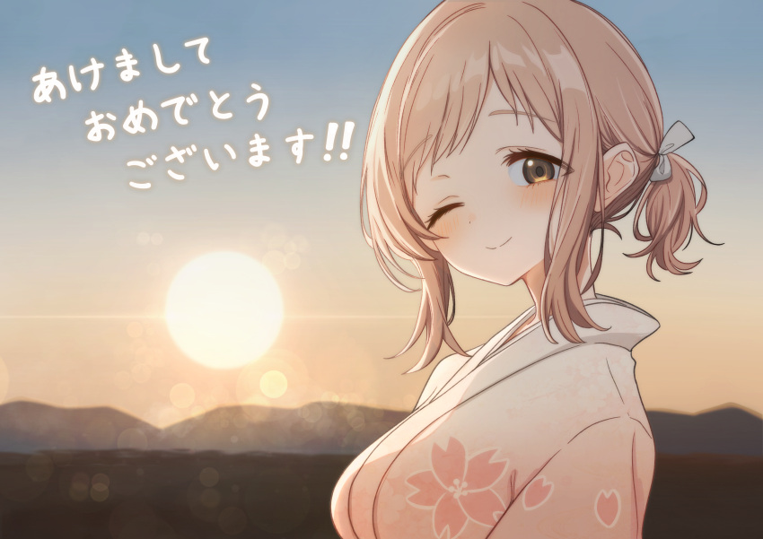 1girl, ;), absurdres, akeome, blurry, blush, bokeh, brown_hair