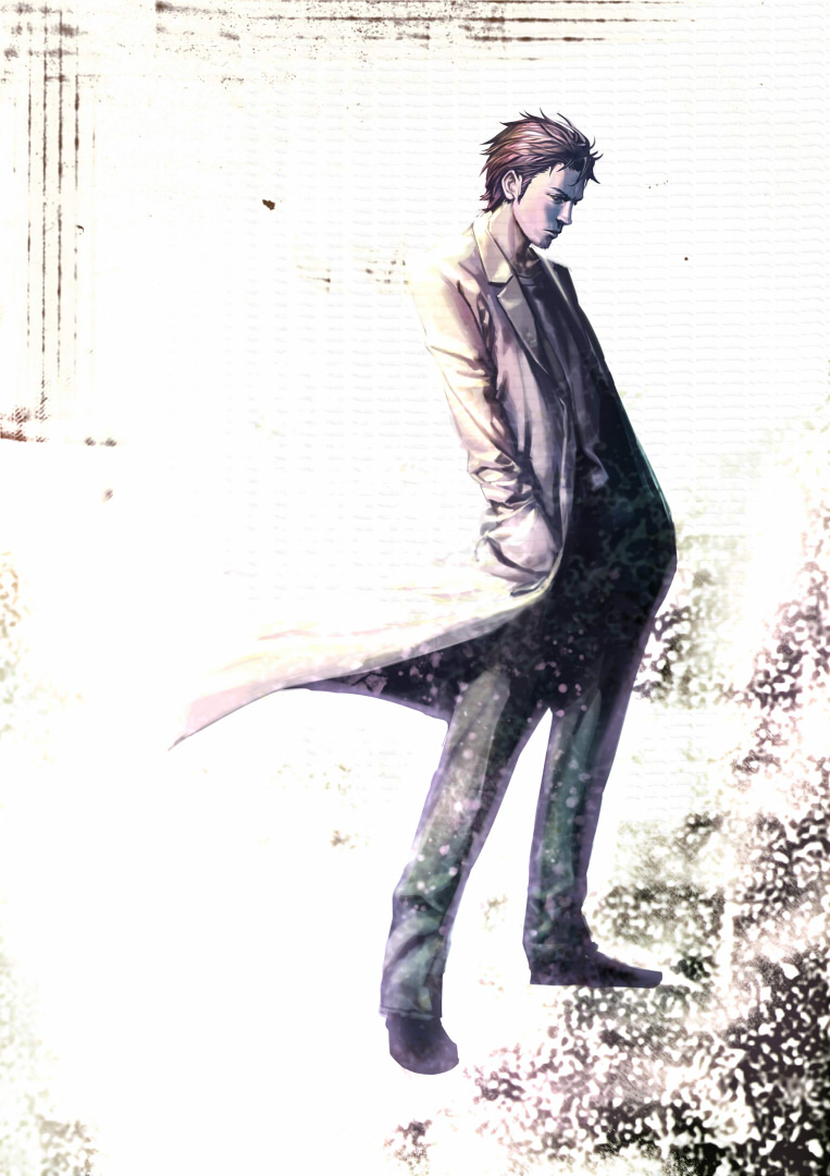 hands_in_pockets, labcoat, looking_down, neg, okabe_rintarou, realistic, short_hair, solo