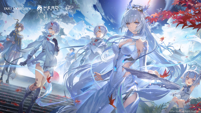 2boys, 4girls, :d, absurdres, antlers, architecture, arm_up, bandage_over_one_eye