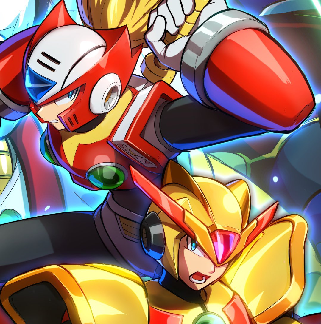 5boys, android, arm_cannon, battle, beard, bit_(mega_man), blonde_hair, byte_(mega_man)