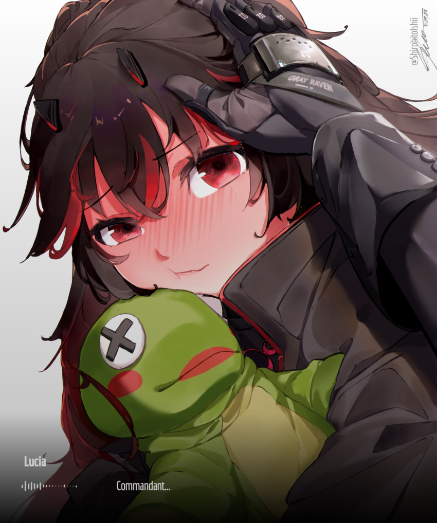 1girl, 1other, black_gloves, black_hair, blush, character_name, closed_mouth, commandant_(pgr), commentary, dialogue_box, english_commentary, gloves, headgear, headpat, highres, hiro_henuri, holding, holding_stuffed_toy, long_hair, looking_at_viewer, lucia:_plume_(pgr), lucia_(pgr), multicolored_hair, nose_blush, pov, pov_hands, punishing:_gray_raven, red_eyes, signature, streaked_hair, stuffed_toy, twitter_username