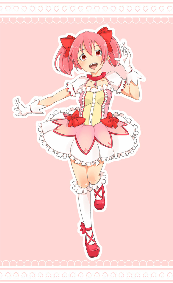 1girl, bow, choker, circle, dress, frilled_dress, frilled_kneehighs, frilled_legwear