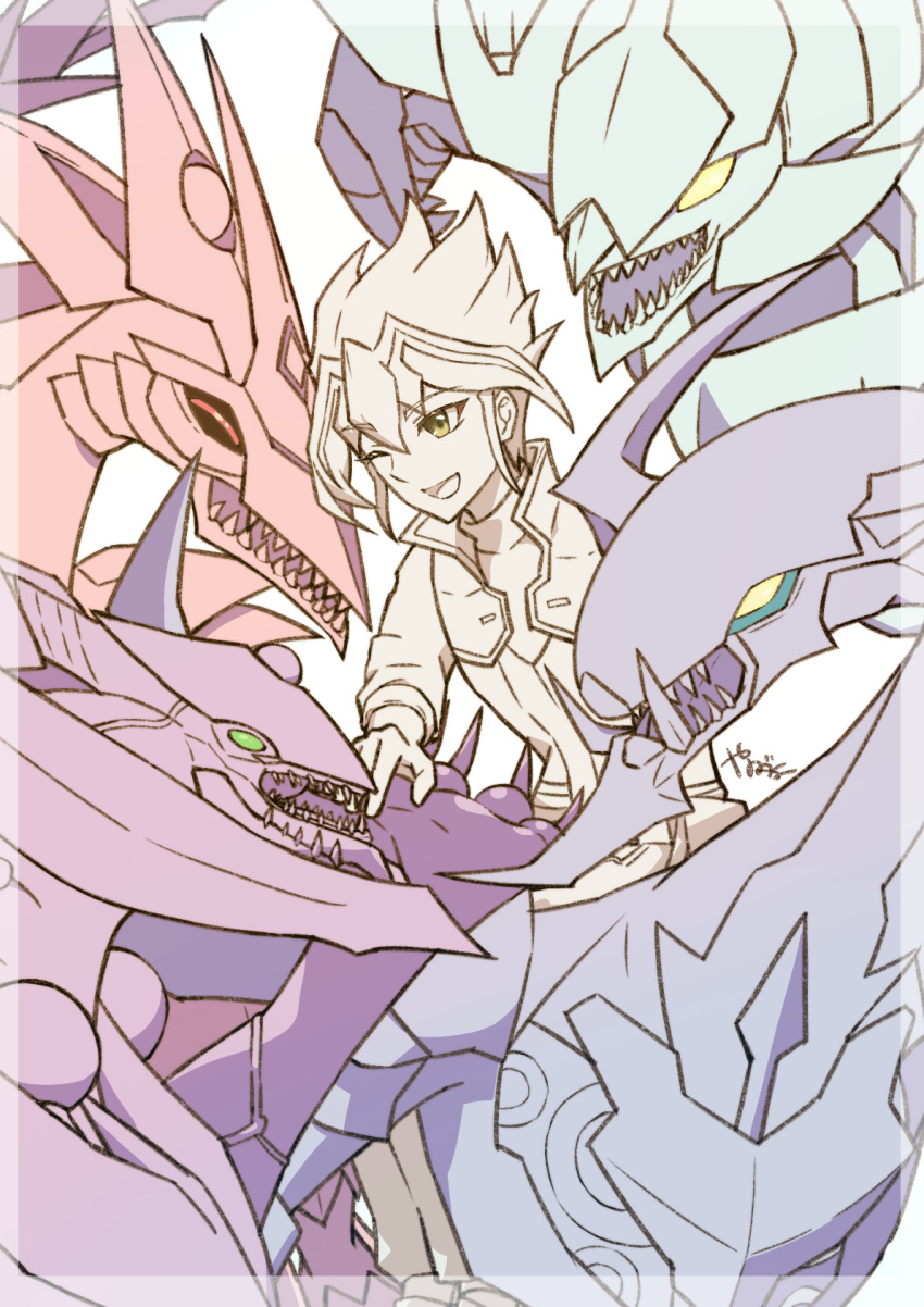 1boy, clear_wing_synchro_dragon, closed_eyes, commentary_request, dark_rebellion_xyz_dragon, duel_monster, green_eyes, group_picture