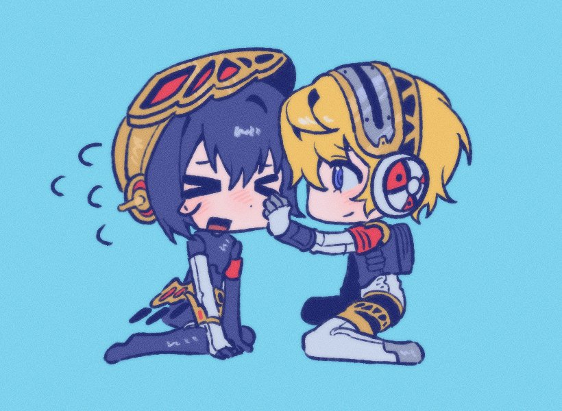 >_<, 2girls, aigis_(persona), android, armband, black_hair, blonde_hair, blue_background
