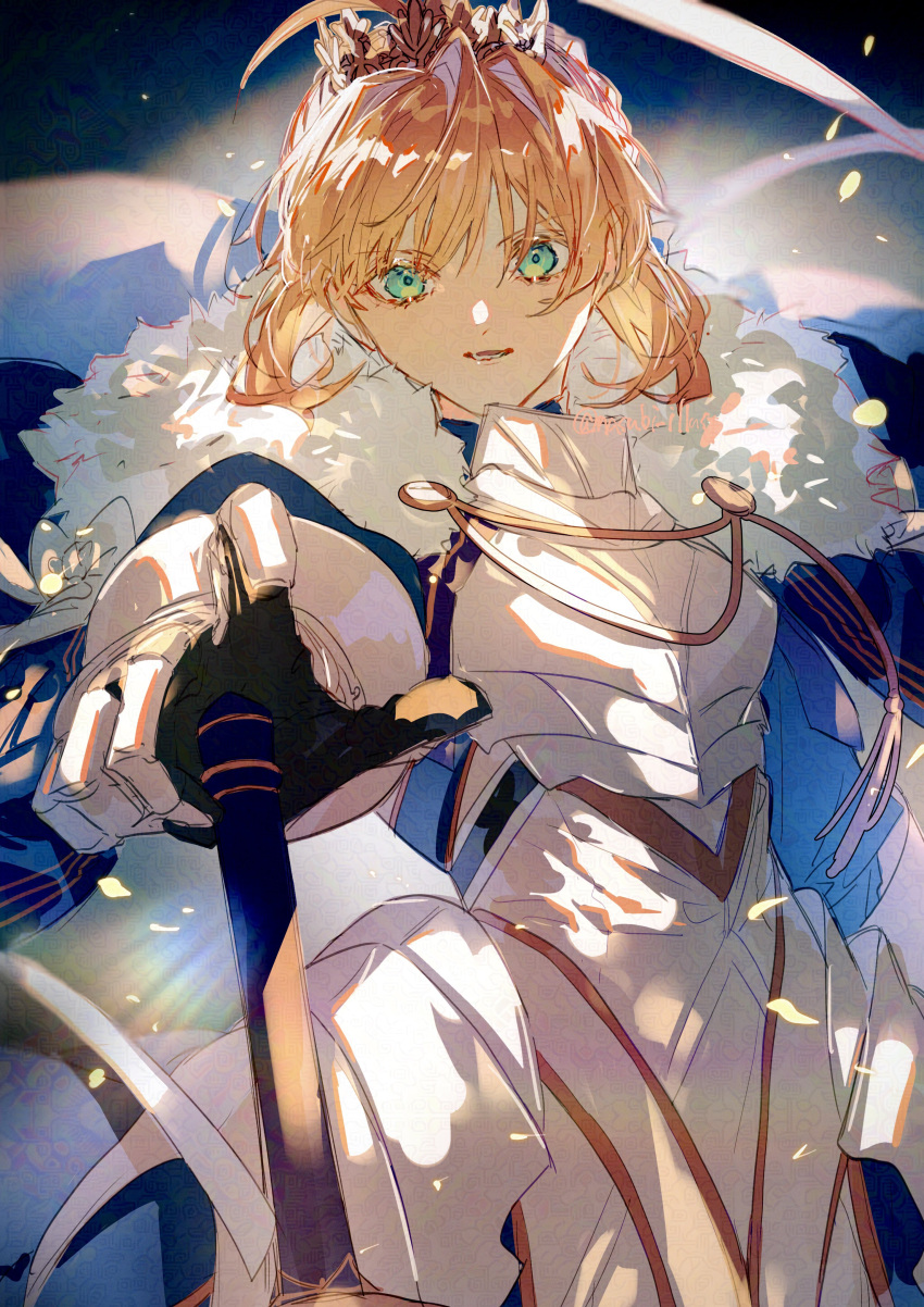 1girl, absurdres, ahoge, armor, armored_dress, artoria_pendragon_(fate), blonde_hair, blue_cloak
