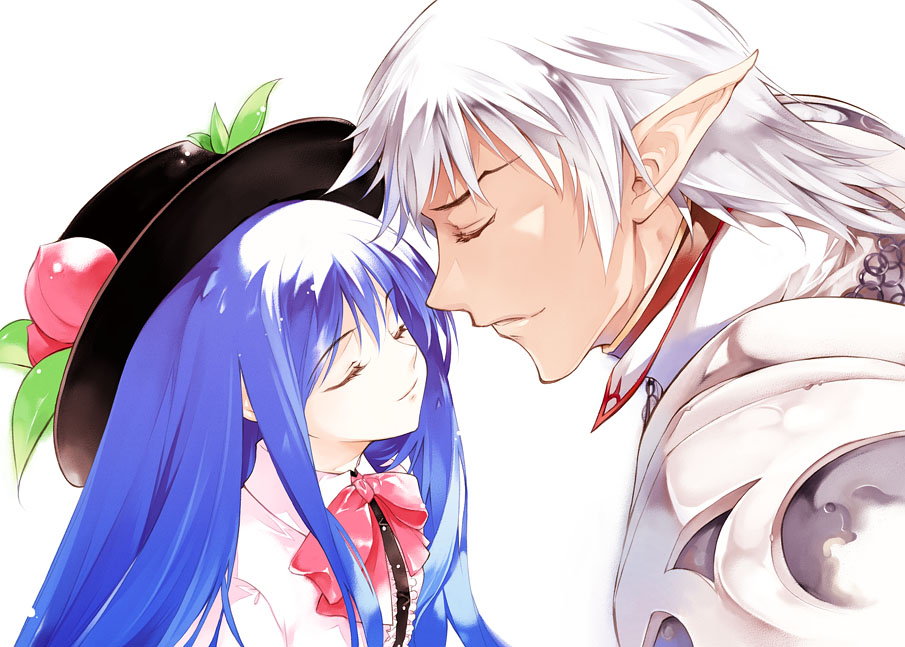 1boy, 1girl, armor, blue_hair, buront, closed_eyes, commentary_request, couple