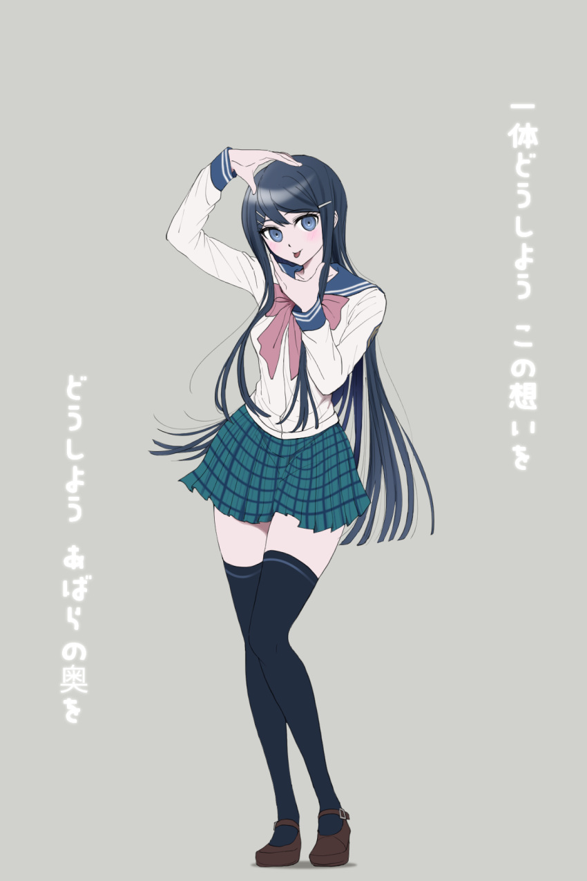 1girl, arm_up, black_hair, black_thighhighs, blue_eyes, bow, bowtie, breasts, brown_shoes, commentary_request, danganronpa:_trigger_happy_havoc, danganronpa_(series), hair_ornament, hairclip, hand_up, highres, large_breasts, long_hair, long_sleeves, looking_at_viewer, maizono_sayaka, miniskirt, moon_(moon0771110), pink_bow, pleated_skirt, reze_dance, sailor_collar, school_uniform, shirt, shoes, skirt, smile, solo, standing, thigh-highs, tongue, tongue_out, translation_request, white_shirt