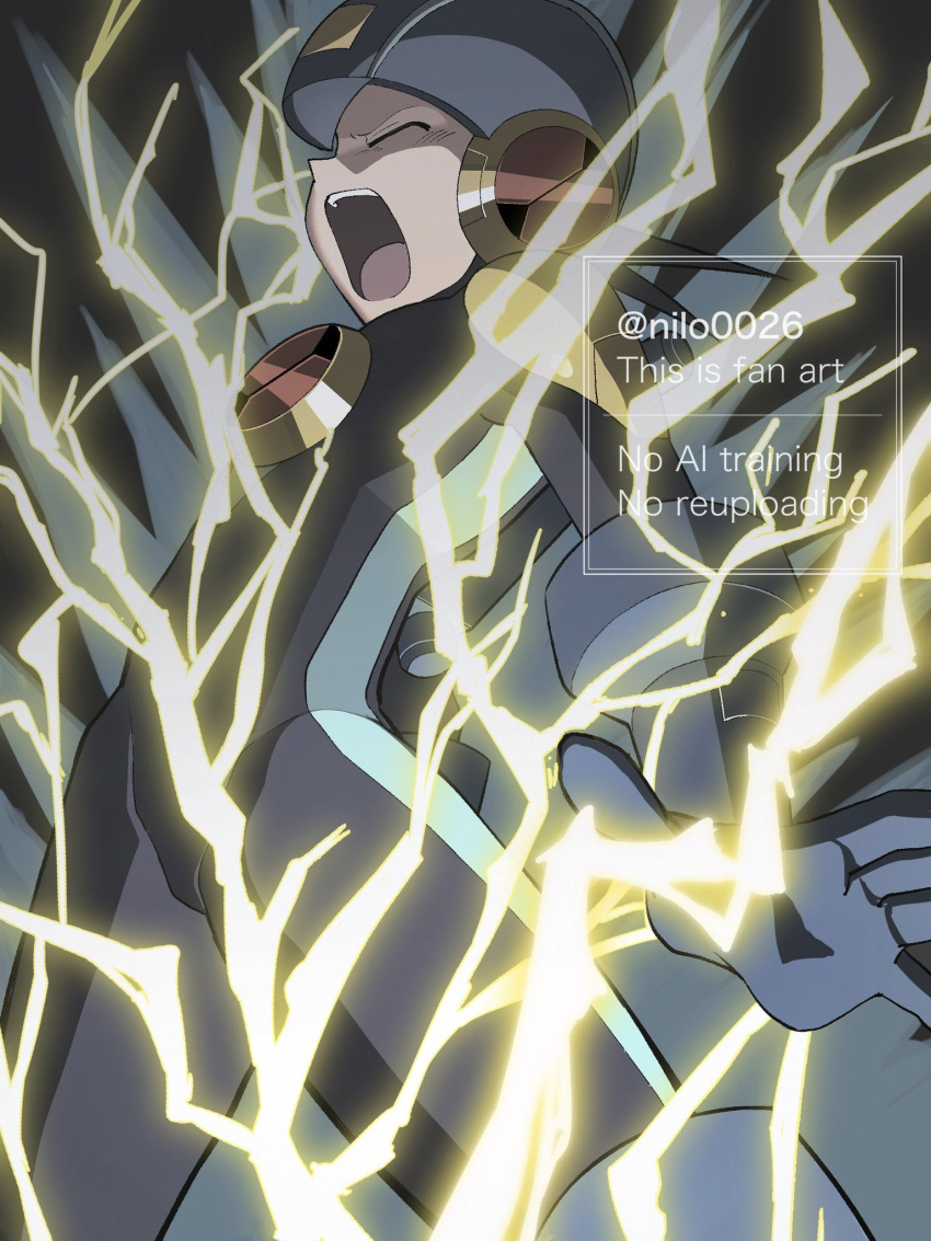 1boy, black_background, blue_bodysuit, blue_helmet, bodysuit, closed_eyes, cowboy_shot, electricity, electrocution, helmet, highres, male_focus, mega_man_(series), mega_man_battle_network_(series), megaman.exe, netnavi, nilo0026, open_mouth, screaming, solo, watermark