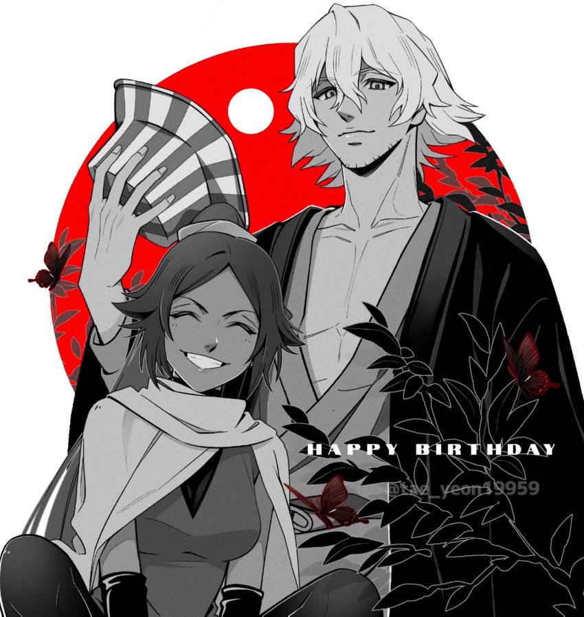 1boy, 1girl, artist_name, beard_stubble, bleach, bucket_hat, commentary_request, facial_hair