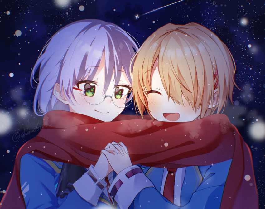 2girls, :d, ^_^, blonde_hair, blue_jacket, blush, breath, closed_eyes