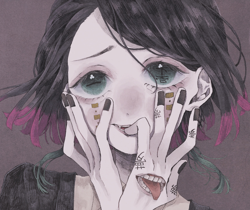 1boy, absurdres, aegyo_sal, aqua_hair, asymmetrical_bangs, black_hair, black_jacket, black_nails