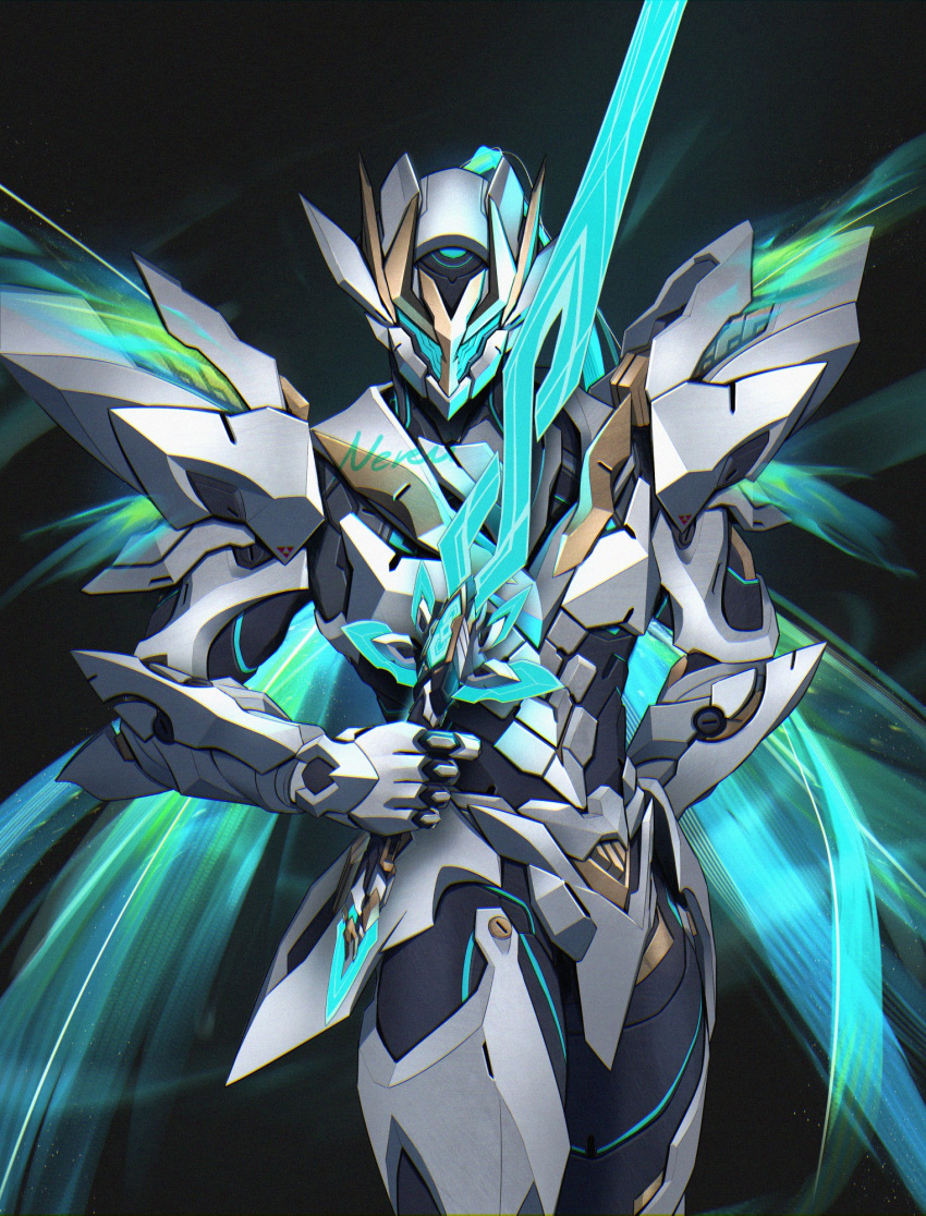 armor, black_background, blue_eyes, commentary_request, cowboy_shot, energy_sword, helmet, highres