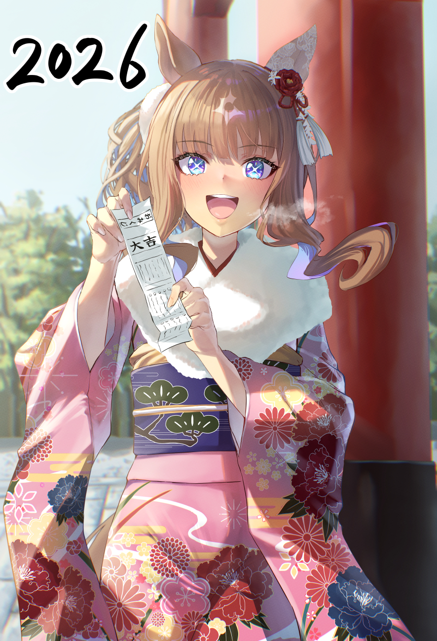 +_+, 1girl, 2026, almond_eye_(umamusume), animal_ears, beruu, blue_eyes, blush